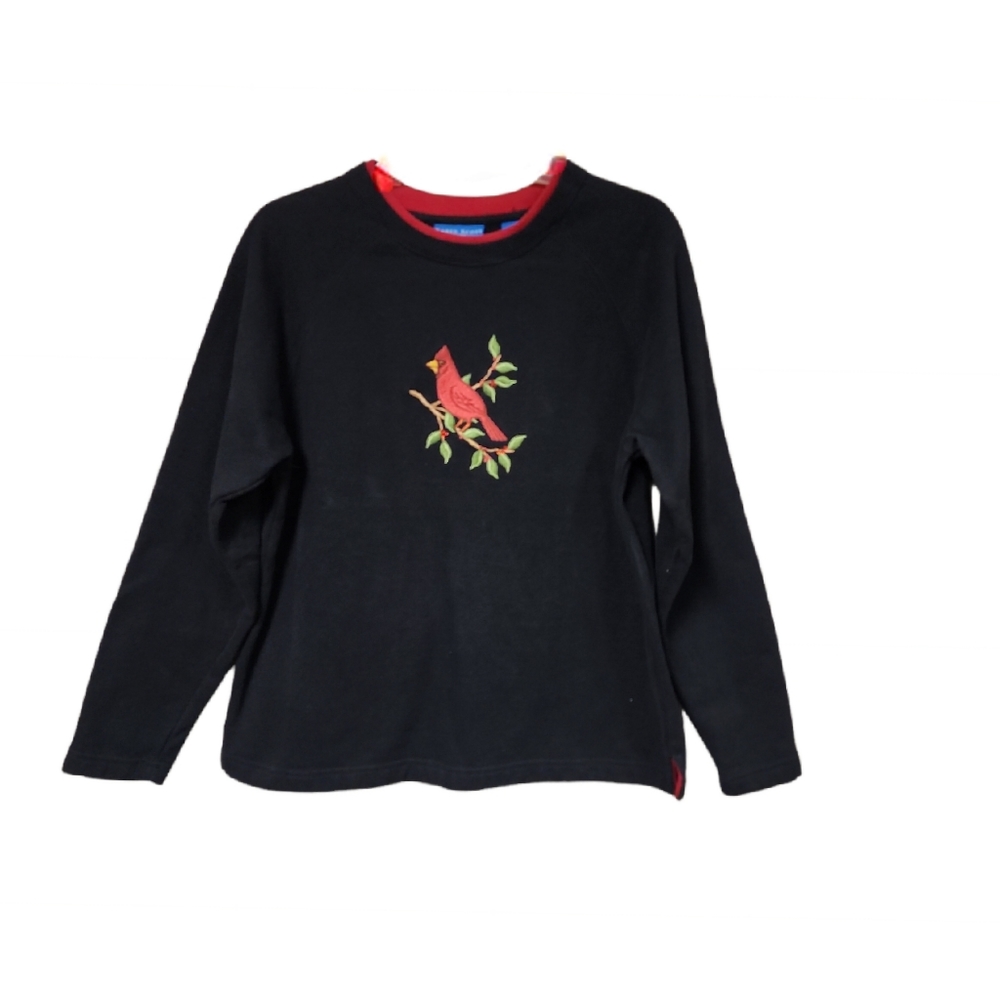 Karen Scott Black Sweatshirt with Embroidered Cardinal On Front Size Small